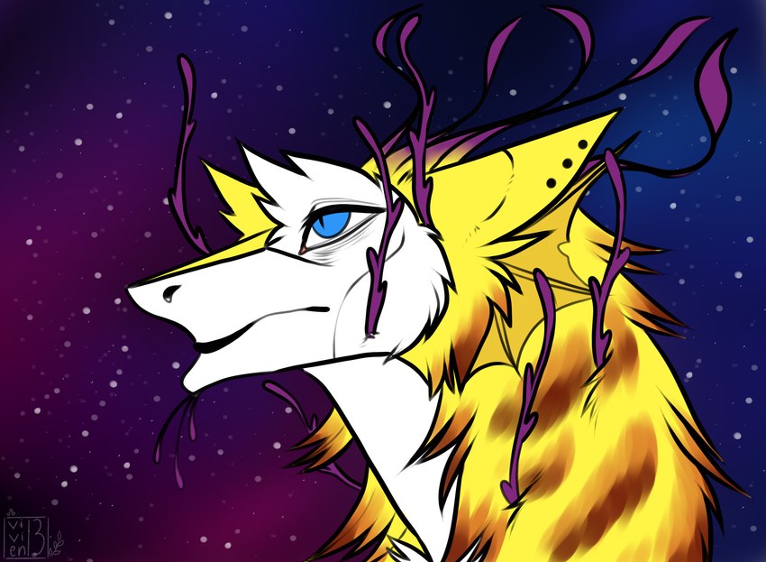 anthro blue_eyes ear_piercing female fur piercing sky solo star starry_sky white_body white_fur yellow_body yellow_fur vivien13 sabrinamero_(character) sergal hi_res tagme