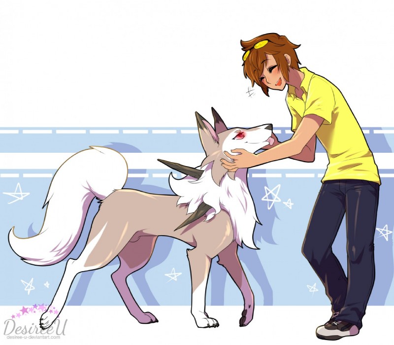 animal_genitalia black_nose blush brown_eyes clothed clothing duo eyewear feral fully_sheathed fur genitals glasses hair jewelry leg_markings male markings open_mouth sheath desireeu nintendo pokemon jaki-kun_(character) canid canine generation_7_pokemon human lycanroc mammal midday_lycanroc pokemon_(species) comic