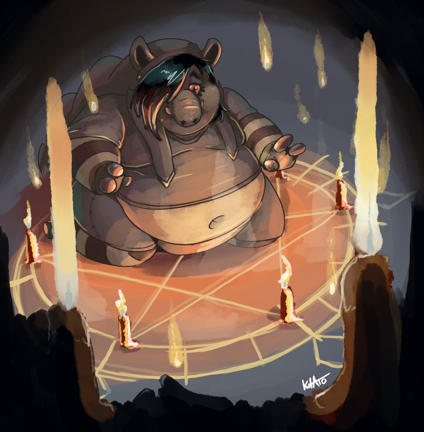 anthro belly big_belly black_body black_fur black_hair candle chubby_cheeks clothed clothing fingers fire fur hair hair_over_eye hood hooved_fingers hooves kneeling lit_candle male moobs navel obese obese_anthro obese_male occult_symbol overweight overweight_anthro overweight_male pentacle proboscis_(anatomy) solo symbol trunk_(anatomy) tusks khatoblepas raphael_(khatoblepas) mammal tapir hi_res