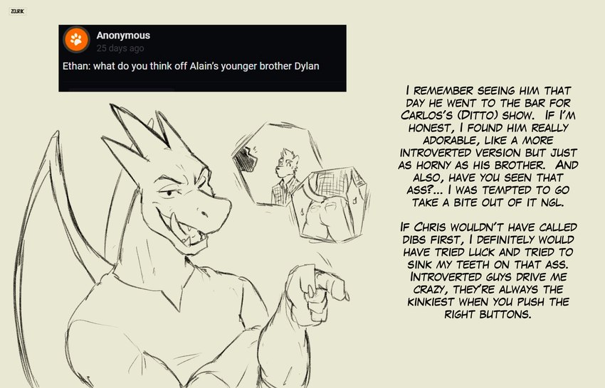 anthro ask_blog butt flashback licking licking_lips licking_own_lips male mentioned_character solo text tongue tongue_out zourik nintendo pokemon dylan_(zourik) ethan_(zourik) generation_6_pokemon generation_7_pokemon mega_charizard mega_charizard_y mega_evolution pokemon_(species) torracat absurd_res english_text hi_res line_art sketch