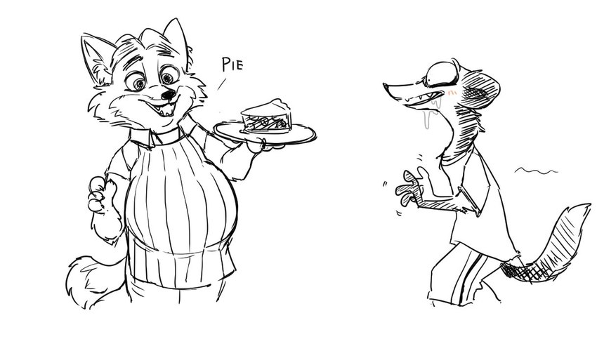 anthro biped clothed clothing duo food holding_object looking_at_another male male/male overweight overweight_anthro overweight_male simple_background 4pcsset disney zootopia duke_weaselton gideon_grey canid canine fox least_weasel mammal mustelid musteline red_fox true_fox true_musteline weasel 2021 monochrome