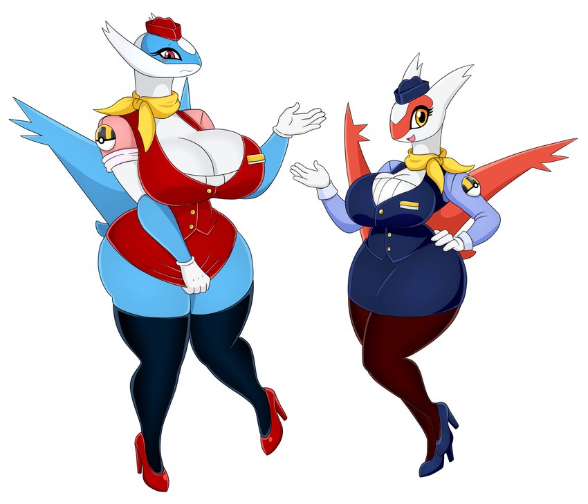 anthro big_breasts blue_body bottomwear breasts clothing crossgender duo female flight_attendant footwear hat headgear headwear high_heels huge_breasts legwear pokeball red_body red_eyes scarf shoes simple_background skirt stockings suit uniform white_background white_body yellow_eyes urusee584 nintendo pokemon generation_3_pokemon latias latios legendary_pokemon pokemon_(species) absurd_res hi_res