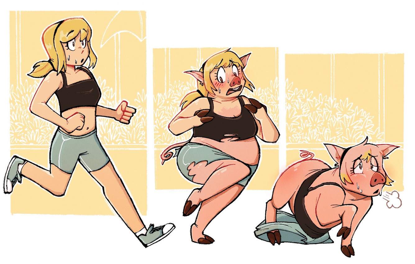 accessory athletic_wear barefoot biped biped_to_quadruped blonde_hair bodily_fluids bottomwear bottomwear_down breath clothed clothing curled_tail dizzy feet female feral fingers footwear gym_bottomwear gym_shorts hair headband hooved_fingers hooved_toes hooves human_to_feral jogging loss_of_dexterity oversized_clothing pants pants_down partially_clothed ponytail quadruped running shoes shorts simple_background sneakers snout socks solo species_transformation stylized_background sweat sweatdrop tail three_frame_image torn_clothing transformation transformation_sequence wardrobe_malfunction weight_gain white_background winded yellow_background ignorethisthanks domestic_pig human mammal suid suine sus_(pig) 2025 colored digital_drawing_(artwork) digital_media_(artwork) hi_res sequence shaded tagme