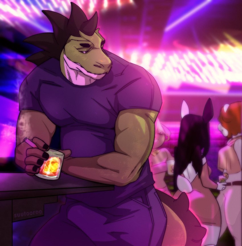 alcohol anthro beverage bottomwear bulge cigarette clothing denim denim_bottomwear denim_clothing female group jeans male muscular muscular_male nightclub pants solo_focus whiskey suutooroo tosin alligator alligatorid crocodilian lagomorph mammal reptile scalie hi_res