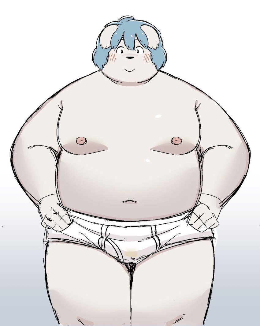 anthro barefoot belly big_belly blue_hair blush briefs briefs_only clothed clothing feet hair kemono male moobs navel nipples overweight overweight_male simple_background solo tighty_whities topless underwear underwear_only white_briefs white_clothing white_underwear sv_grart bina_(sv_grart) canid canine canis domestic_dog mammal 2023 hi_res