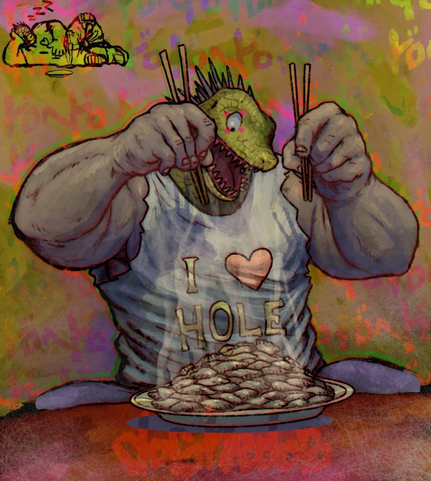 anthro chopsticks clothing dumplings food for_a_head green_body green_scales gyoza humanoid_hands male scales sharp_teeth shirt smile solo spines teeth text text_on_clothing text_on_shirt text_on_topwear topwear plastiboo dorohedoro kaiman_(dorohedoro) lizard reptile scalie hi_res