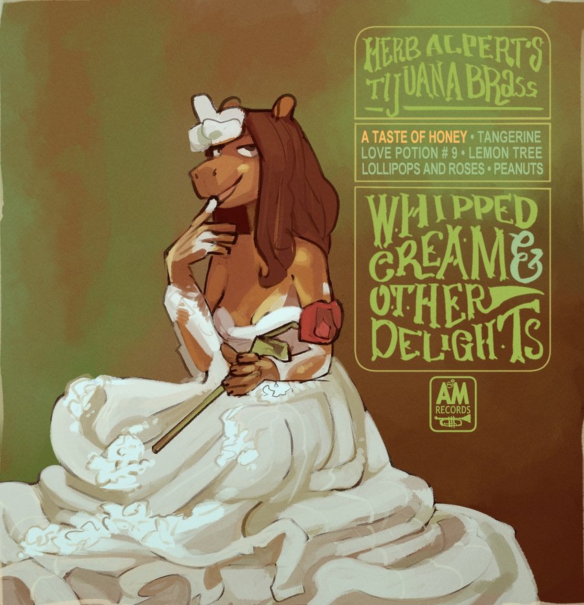 album_redraw anthro brown_body brown_fur brown_hair dairy_products female finger_fetish finger_lick finger_play fingers flower food food_fetish fur hair holding_flower holding_object holding_rose licking plant rose_(flower) solo text tongue whipped_cream spincraze herb_alpert_&_the_tijuana_brass lacey_(spincraze) capybara caviid mammal rodent 2025 album_cover cover english_text hi_res