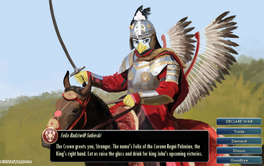 anthro armor breastplate bridle feathered_wings feathers gameplay_mechanics headgear helmet horseback horseman male melee_weapon mount poland reins riding sabre_(weapon) saddle simple_background solo text video_game_reference weapon white_body white_feathers winged_hussar wings misterfyrryman civilization_(series) european_mythology greek_mythology mythology sid_meier's_civilization felix_radziwill_(kinrovaldis) accipitrid accipitriform avian bird eagle equid equine mammal mythological_avian mythological_bird mythological_creature mythological_firebird phoenix english_text