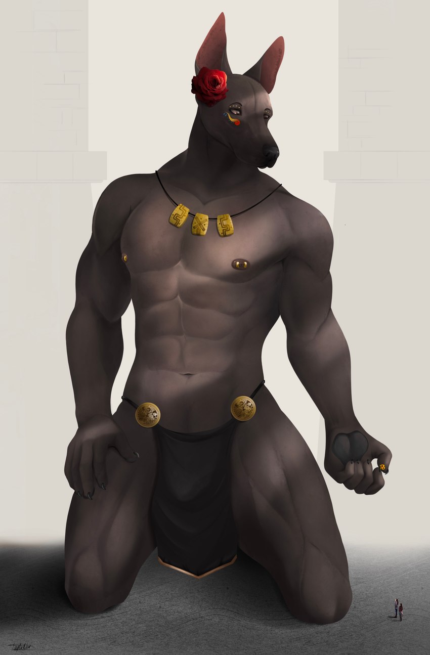 5_fingers abs anthro black_body black_claws black_nose bottomwear brown_eyes claws clothed clothing eyebrows female fingerpads fingers flower flower_in_ear gentle_giant group hairless hand_on_leg hand_on_thigh jewelry kneeling larger_anthro larger_male loincloth looking_down looking_up macro male male/female micro muscular muscular_anthro muscular_male navel necklace nipple_piercing nipples pawpads pecs piercing plant prick_ears simple_background size_difference smaller_female smaller_human topless topless_anthro topless_male trio taylornoir taylor_(taylornoir) canid canine canis domestic_dog hairless_dog human mammal primitive_dog xoloitzcuintli 2022 absurd_res artist_name colored digital_drawing_(artwork) digital_media_(artwork) full-length_portrait hi_res portrait shaded signature