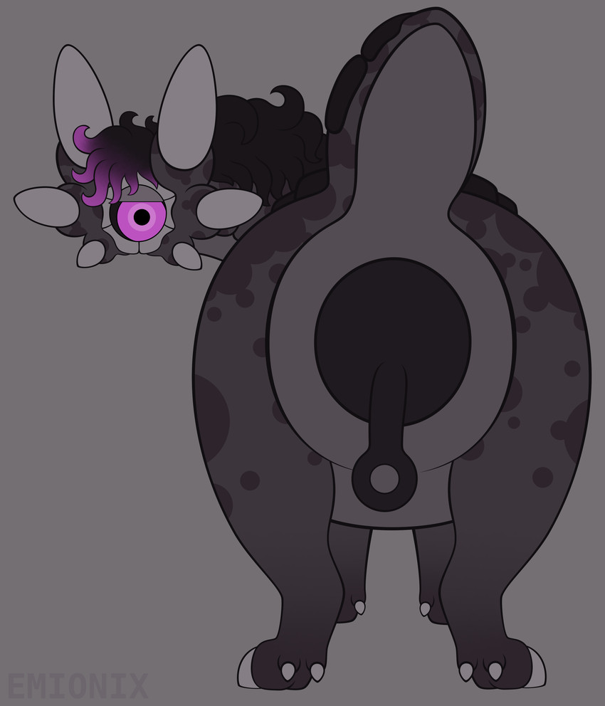 1_eye 6_ears ambiguous_gender anal anal_beads anal_beads_in_ass anal_penetration anus anus_focus big_anus big_eyes black_mane black_sclera black_scutes butt butt_focus cloven_hooves countershade_tail countershade_torso countershading dewclaw_hooves feral grey_background grey_body grey_countershading hooves huge_anus huge_penetration hyper hyper_anus leg_markings lidded_eyes looking_at_viewer looking_back looking_back_at_viewer mane markings mottled mottled_body mouthless multi_ear multicolored_mane null object_in_ass overweight overweight_ambiguous overweight_feral penetration pink_eyes pink_mane puffy_anus purple_body purple_markings quadruped rear_view scutes sex_toy sex_toy_in_ass sex_toy_insertion short_tail simple_background socks_(marking) solo standing tail text thick_neck thick_tail toony two_tone_mane unguligrade unusual_ears wide_crotch emionix minmu lurkerbeast omnitope 2026 absurd_res artist_name digital_drawing_(artwork) digital_media_(artwork) flat_colors gimp_(artwork) hi_res