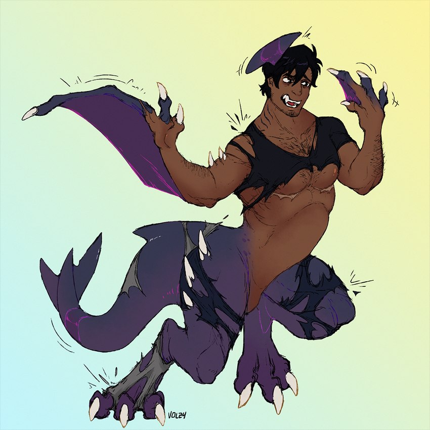 arm_fin black_hair claw_growth claws clothing featureless_crotch feral fin gradient_background growth hair hairy head_crest male mastectomy_scar mid_transformation open_mouth purple_body purple_scales scale_growth scales scar sharp_teeth simple_background solo species_transformation spikes spikes_(anatomy) tail tail_fin teeth torn_clothing transformation wing_growth wings volentis mythology nintendo pokemon dragon garchomp generation_4_pokemon human mammal marine mythological_creature mythological_scalie pokemon_(species) scalie trans_(lore) trans_man_(lore)