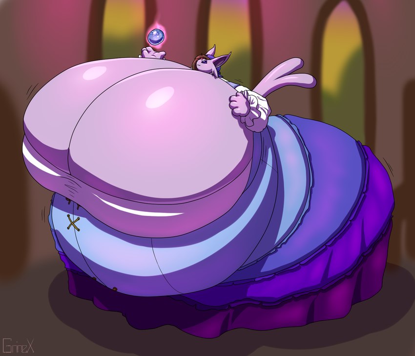 anthro belly big_belly big_breasts breasts brown_hair cleavage clothed clothing crystal_ball female fortune_teller hair headgear headkerchief headwear huge_belly huge_breasts huge_thighs hyper hyper_belly hyper_breasts hyper_thighs kerchief purple_body thick_thighs grinex nintendo pokemon eeveelution espeon generation_2_pokemon pokemon_(species) hi_res