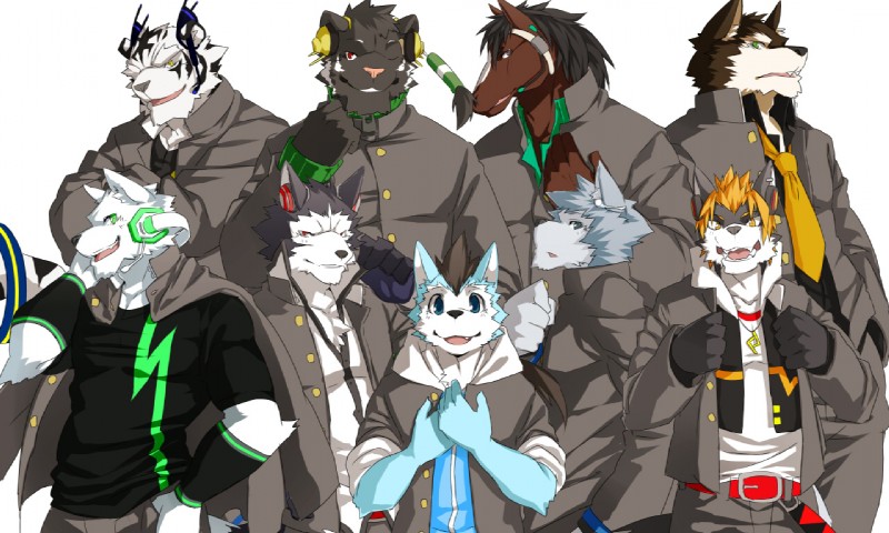 anthro black_body black_fur black_hair black_stripes blonde_hair blue_body blue_eyes blue_fur brown_body brown_fur clothed clothing electronics fur green_eyes grey_body grey_fur group hair headphones jewelry kemono looking_at_viewer male melanistic muscular muscular_male necklace necktie one_eye_closed open_mouth red_eyes smile standing striped_body striped_fur stripes white_body white_fur white_stripes wink wristband yellow_eyes kenn utau aki_tsukane aro_rouon ikuto_waon rou_kemonone sarasa_arujine sero_tsugumine yamato_sumane yuu_takiuta yuuma_neon canid canine canis domestic_dog equid equine felid horse mammal pantherine tiger wolf