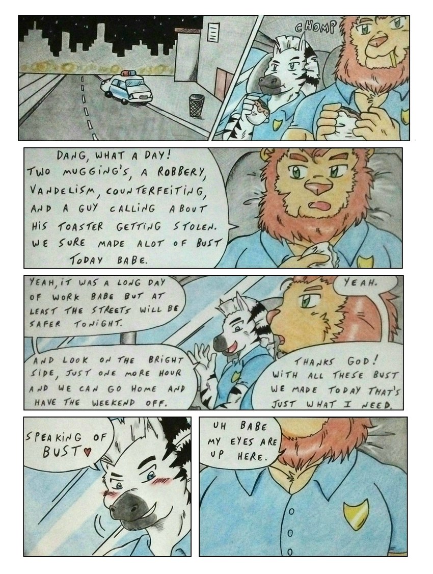 anthro base_four_layout big_pecs blockage_(layout) blue_eyes blue_uniform blush blush_lines car city city_background cityscape clothing comic_panel dialogue eating eating_food four_row_layout fur green_eyes horizontal_blockage huge_pecs inside_car inside_vehicle male mane manly motor_vehicle muscular muscular_anthro muscular_male night onomatopoeia panel_skew pecs pectoral_bulge pink_nose police police_badge police_car police_uniform police_vehicle six_frame_image sound_effects speech_bubble street striped_body striped_fur stripes text uniform vehicle dashthefox equid equine felid lion mammal pantherine zebra 2020 absurd_res comic english_text hi_res traditional_media_(artwork)