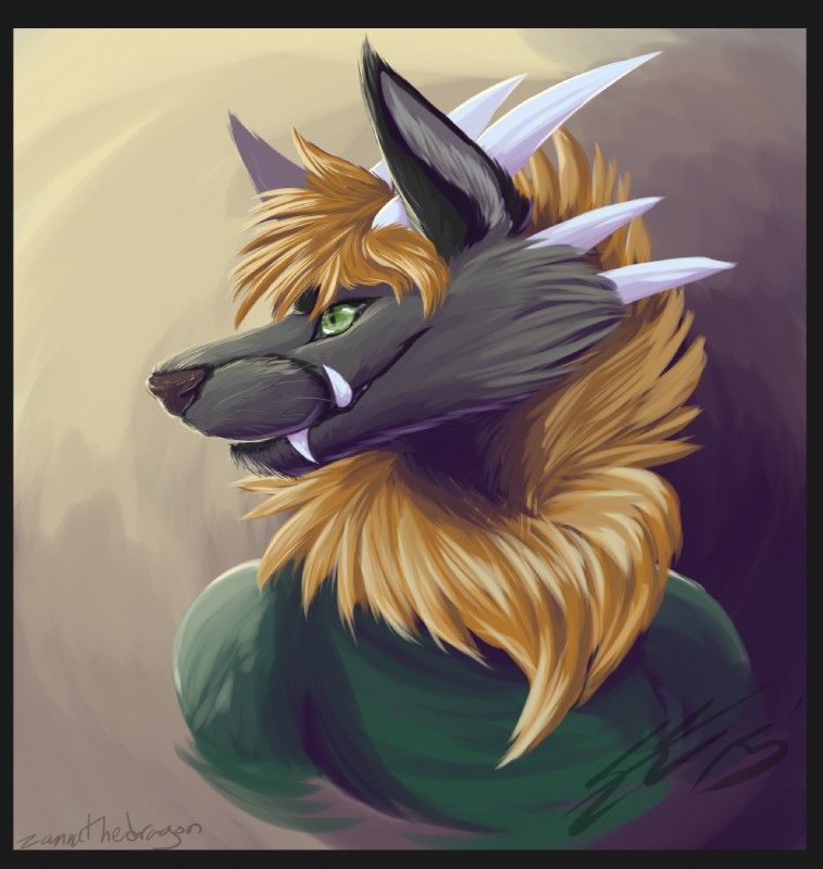 black_border border clothed clothing female green_eyes solo zannathedragon mythology zanna_(zannathedragon) canid canine dragon mammal mythological_creature mythological_scalie scalie bust_portrait hi_res portrait