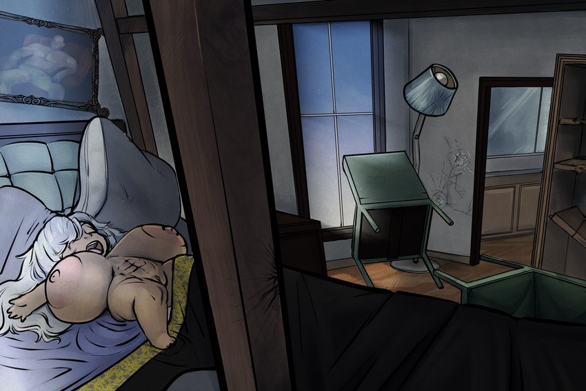 areola bed big_areola big_breasts bookshelf breasts chair detailed_background female furniture genitals hair huge_breasts lamp light_body light_skin lying nipples on_back open_mouth pillow pussy short_stack sleeping solo white_hair window zerospanda final_fantasy final_fantasy_xiv square_enix athenia_adominian humanoid lalafell mammal 3:2 absurd_res hi_res huge_filesize