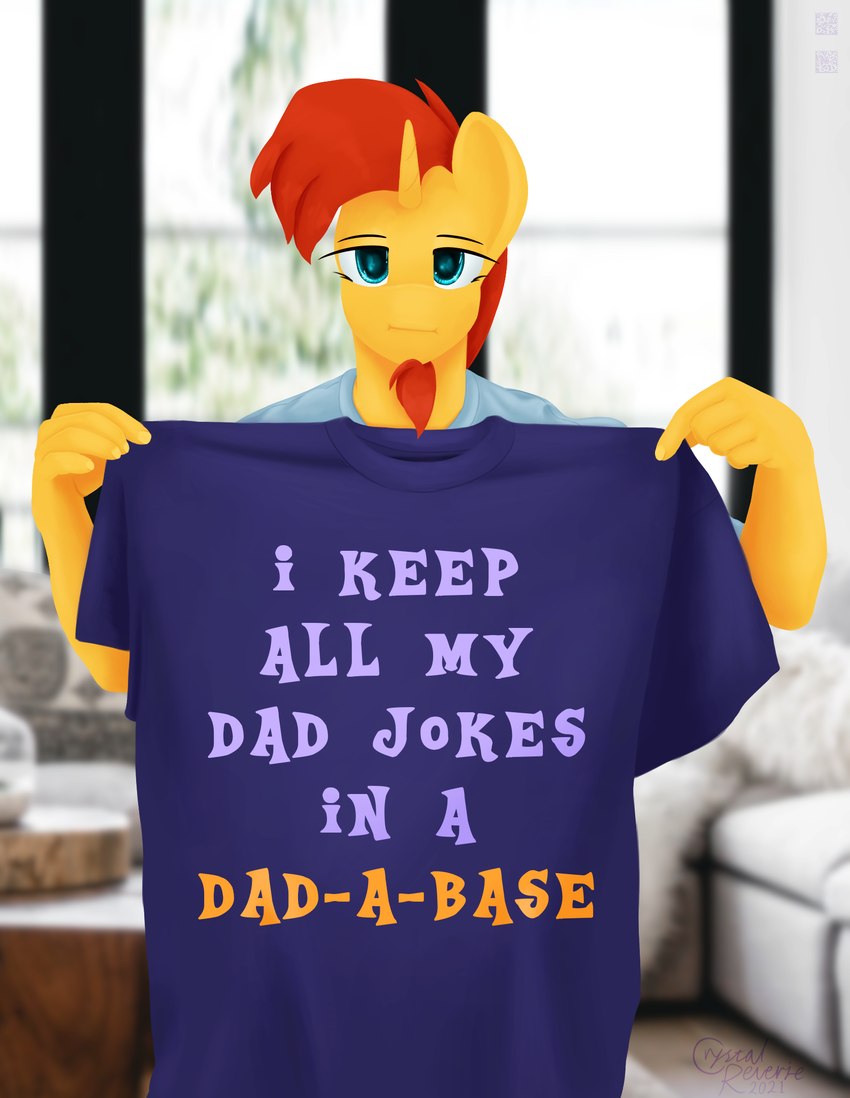 anthro beard clothing dad_joke facial_hair holding_object horn humor looking_at_viewer male photo_background pun shirt smug solo text topwear alicorn-without-horn friendship_is_magic hasbro my_little_pony mythology sunburst_(mlp) equid equine mammal mythological_creature mythological_equine unicorn english_text hi_res photography_(artwork)