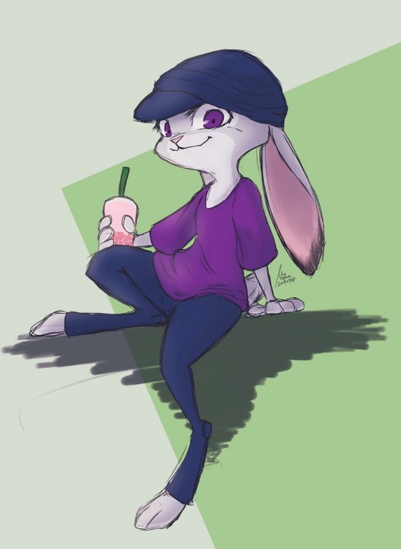 anthro beverage bottomwear clothed clothing drinking_straw ears_down fully_clothed fur green_background grey_body grey_fur holding_beverage holding_object looking_at_viewer pants pivoted_ears purple_eyes shirt simple_background smile solo t-shirt toeless_legwear topwear marema_kishin disney zootopia judy_hopps lagomorph leporid mammal rabbit 2019 hi_res