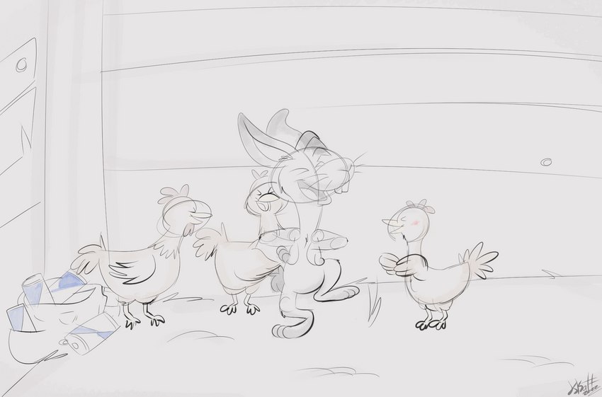 anthro blush female feral group male male/female avoid_posting kippykat red_bull avian bird chicken galliform gallus_(genus) lagomorph leporid mammal phasianid rabbit hi_res sketch