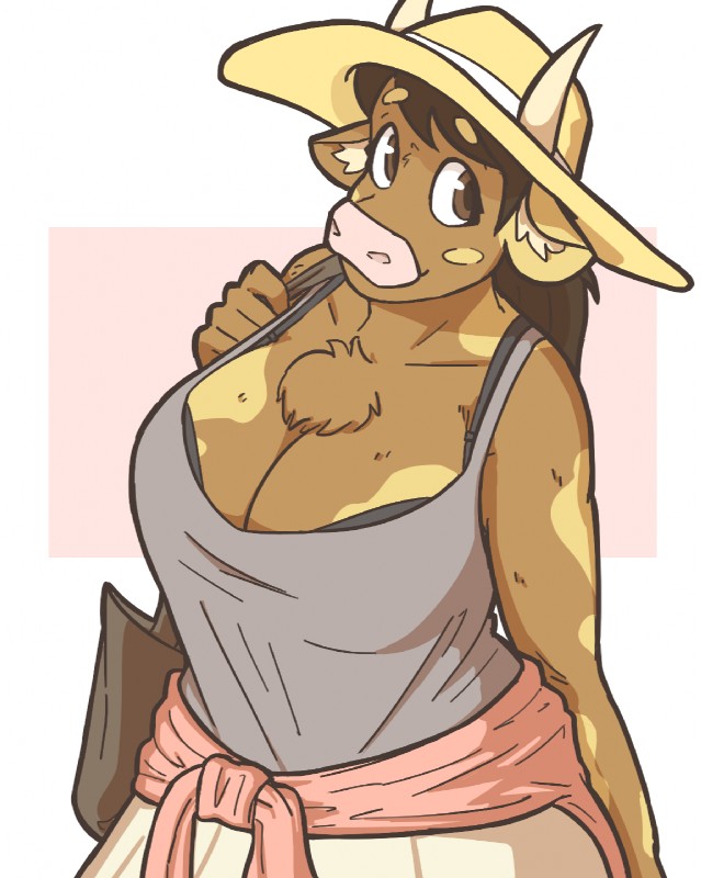 anthro big_breasts bra bra_peek breasts chest_tuft cleavage clothed clothing dress female furgonomics hat headgear headwear huge_breasts shirt solo tank_top topwear tuft underwear slightlysimian european_mythology greek_mythology mythology molly_(slightlysimian) bovid bovine cattle mammal minotaur hi_res