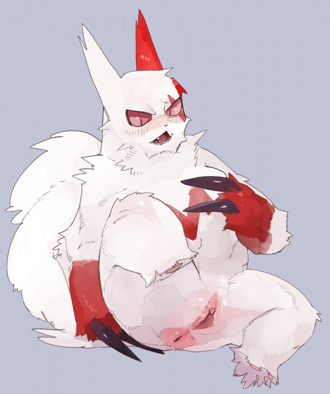 anthro anus biped blush clitoris female front_view genitals looking_down one_leg_up open_mouth pussy raised_leg semi-anthro sitting slightly_chubby solo liteu nintendo pokemon generation_3_pokemon mammal pokemon_(species) zangoose hi_res