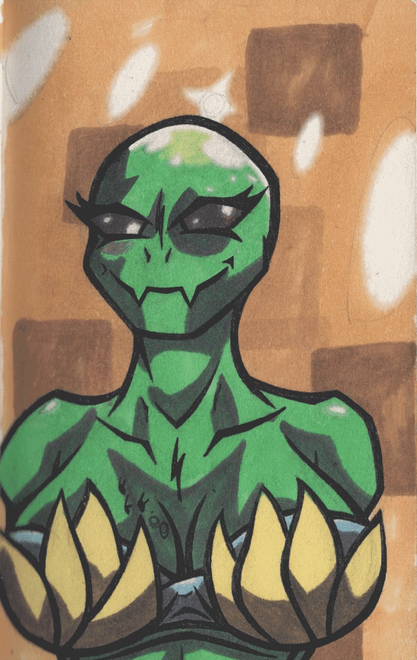 bald bald_female bald_head big_breasts black_eyes breasts female glistening glistening_head green_body green_skin markings mole_(marking) plant solo xemxemgulion starbound alien elemental_creature flora_fauna floran humanoid colored hi_res marker_(artwork) traditional_media_(artwork)