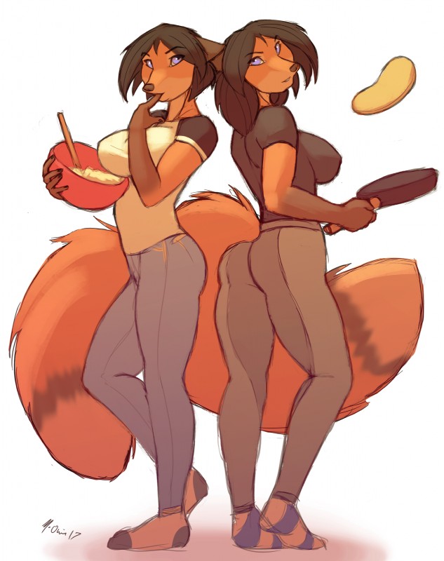 anthro big_breasts breasts butt butt_pose cake_mix clothing cooking duo feet female food footwear fur hair humanoid_feet legwear looking_at_viewer pancake plantigrade pose simple_background smile socks standing white_background woadedfox rada_(woadedfox) roza_(woadedfox) canid canine fox mammal absurd_res hi_res sketch sibling_(lore) sister_(lore) sisters_(lore)