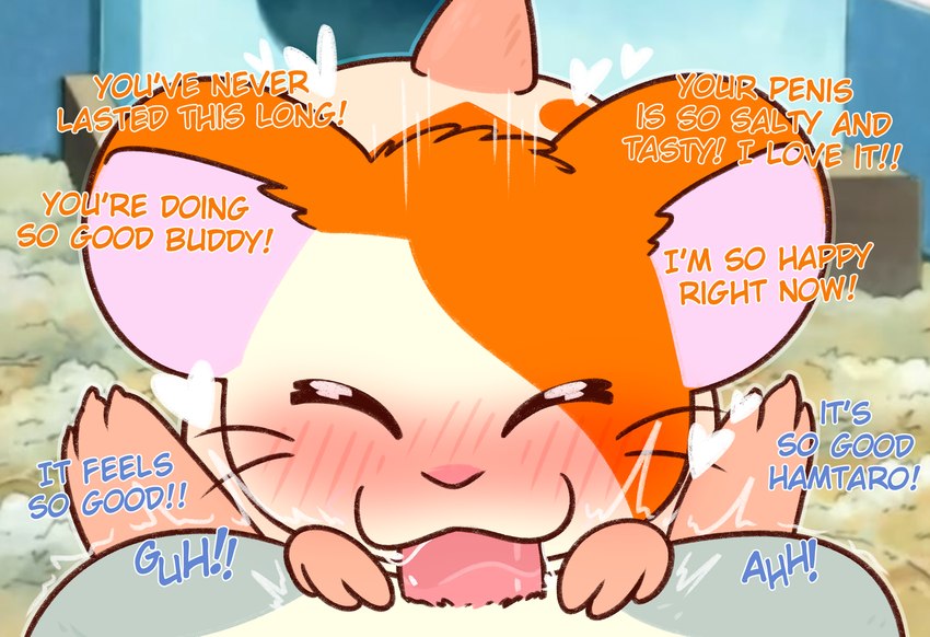 fellatio first_person_view genitals heart_above_head male male/male oral penile penis pov_blowjob praise sex smile text crushpepper hamtaro_(series) hamtaro oxnard_(hamtaro) cricetid hamster mammal rodent english_text hi_res