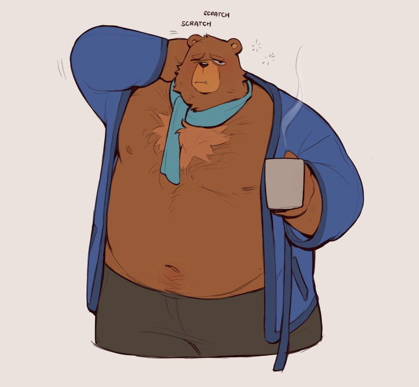 anthro belly beverage blue_scarf blush body_hair brown_body brown_fur chest_hair clothed clothing fur holding_beverage holding_object male nipples one_eye_closed open_clothing open_robe overweight overweight_anthro overweight_male robe scarf scratching scratching_head simple_background solo text krunnnnnch duolingo falstaff_(duolingo) bear mammal digital_media_(artwork) english_text half-length_portrait portrait