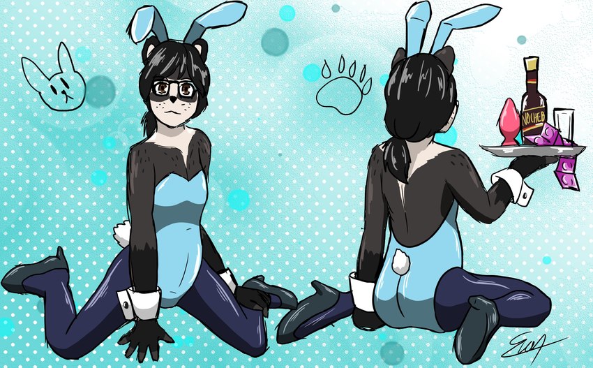 alcohol anthro beer belly beverage black_body black_fur blue_background blue_clothing bunny_costume butt clothing condom container costume cuffs_(clothing) cup drinking_glass eyewear fake_ears fake_tail femboy fingerless_(marking) footwear fur glass glass_container glass_cup glasses hair hand_on_floor high_heels kneeling legwear looking_at_viewer male markings pantyhose platter playboy_bunny plug_(sex_toy) ponytail rear_view scut_tail sex_toy sexual_barrier_device shoes short_tail simple_background solo tail waiter whisker_spots white_markings evan_harrey ucu_harrey bear jucumari mammal short-faced_bear spectacled_bear ucumar hi_res sketch