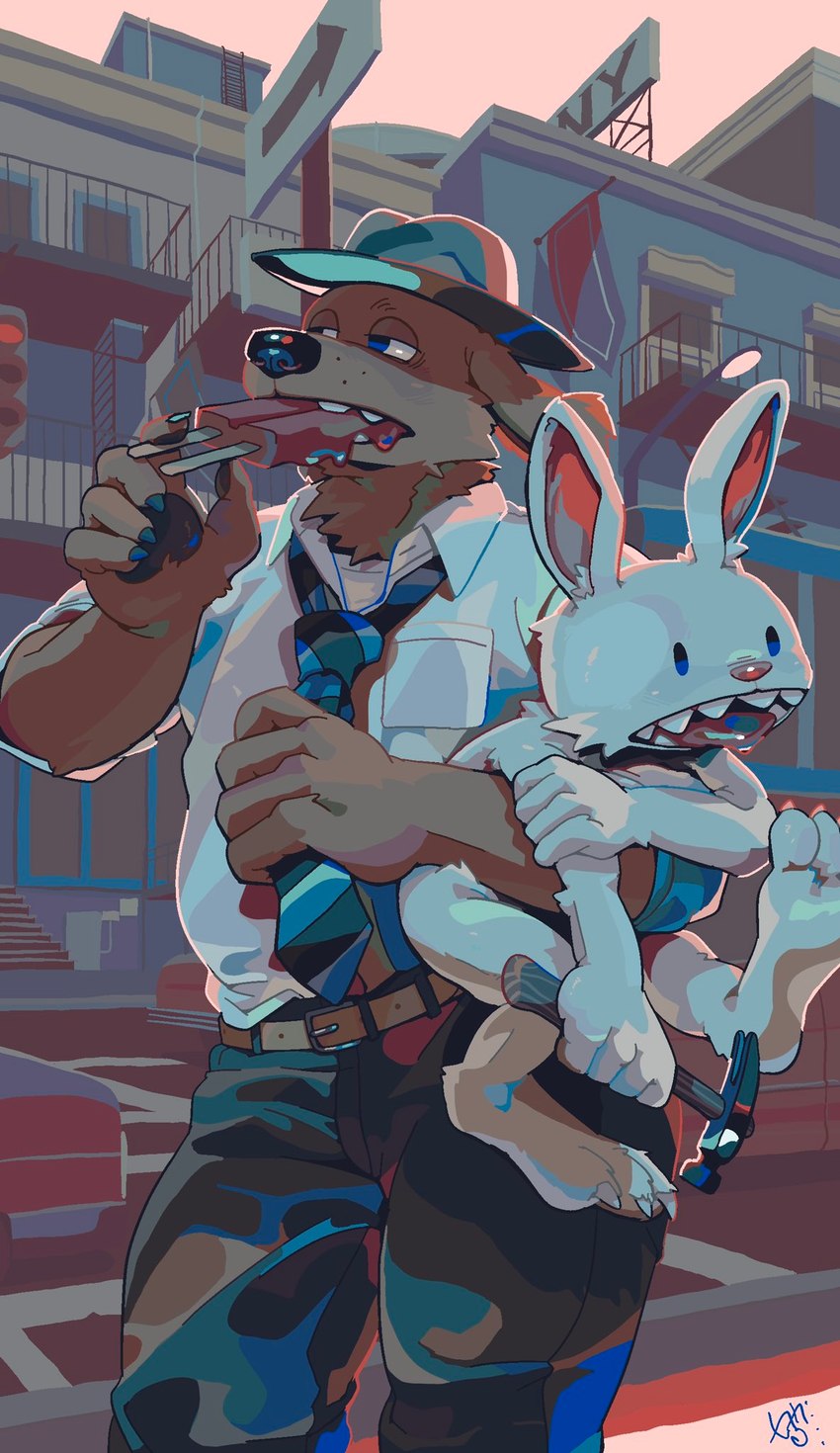 anthro clothing duo food hammer handwear holding_hammer holding_object holding_tool holding_weapon male popsicle tongue tongue_out tools weapon vetiver_n sam_and_max max_(sam_and_max) samuel_dog canid canine canis domestic_dog lagomorph leporid mammal rabbit hi_res