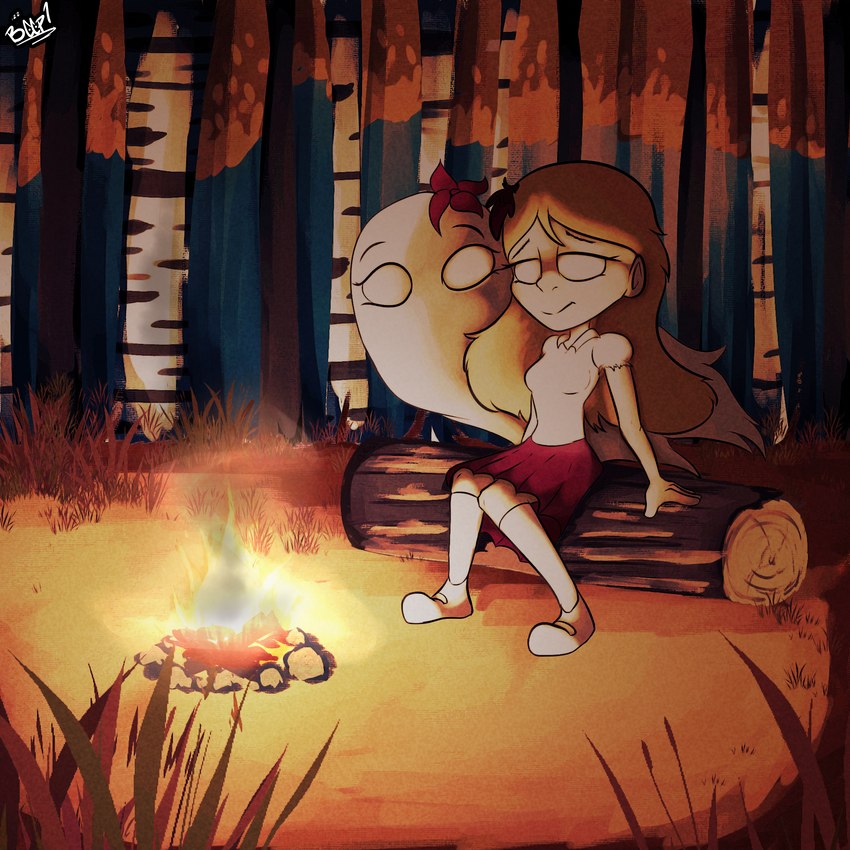 autumn birch_tree breasts campfire clothed clothing duo female female/female fire forest grass log looking_relieved not_furry plant relaxing tree wood beep! don't_starve klei_entertainment abigail_carter wendy_carter ghost human mammal spirit 1:1 hi_res