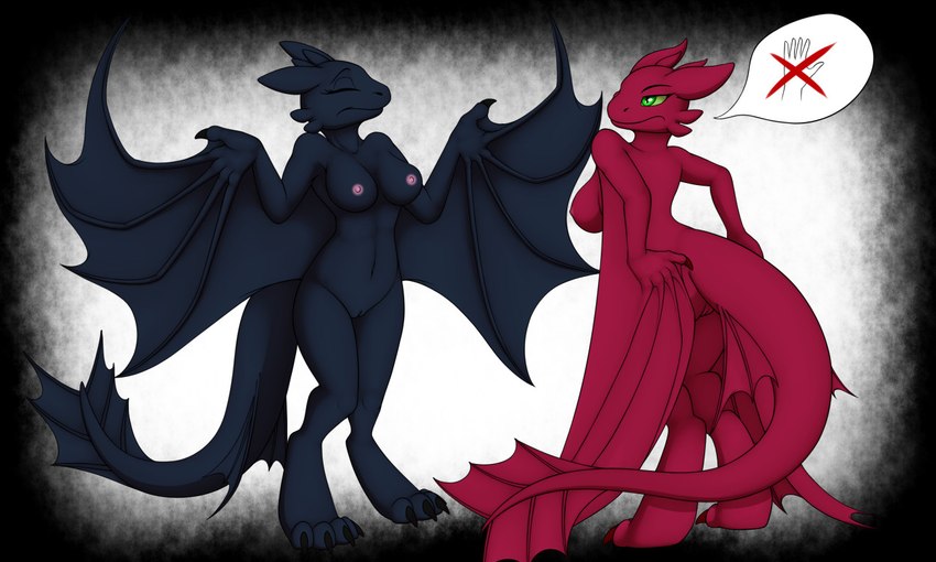 after_transformation anthro big_breasts black_body breasts butt duo female genitals gesture horn membrane_(anatomy) membranous_wings navel nipples non-mammal_breasts non-mammal_navel non-mammal_nipples nude pussy red_body shrug speech_bubble standing tail wings tomek1000 european_mythology mythology dragon mythological_creature mythological_scalie scalie western_dragon wyvern 2020 5:3 colored