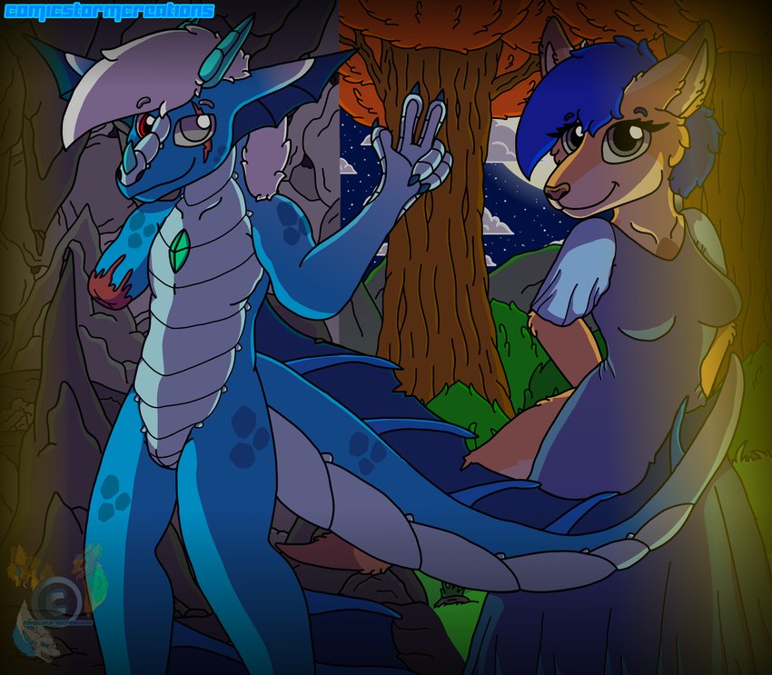 anthro clothed clothing duo female hair male male/female nude scales simple_background smile tail comicstormcreations mythology atlan_malfor_(comicstormcreations) evangelin_clinfor_grey_(comicstormcreations) aquatic_dragon dragon kangaroo macropod mammal marine marsupial mythological_creature mythological_scalie scalie digital_media_(artwork) hi_res