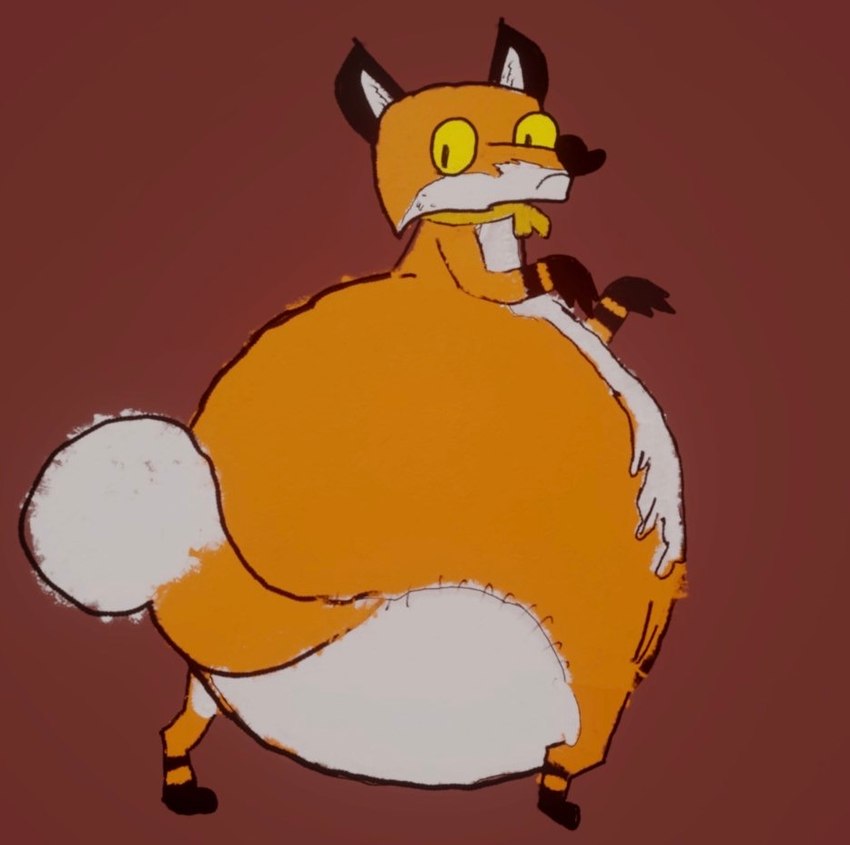 anthro belly big_belly big_butt black_ears butt cheek_tuft facial_tuft fur huge_butt hyper hyper_butt monobutt monorump orange_body plushie pupils seam_(sewing) simple_background slit_pupils solo stitch_(sewing) striped_legs tuft white_body white_fur yellow_bow yellow_eyes yellow_ribbon zipper auriwooosh bobbins_(auriwooosh) canid canine fox mammal