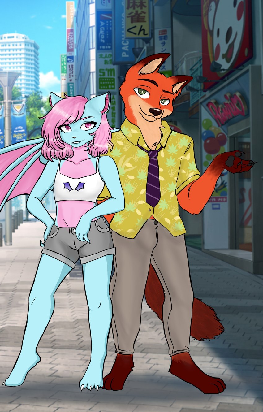 anthro canon_x_oc countershading duo female fur hair male orange_body orange_fur paws pink_eyes pink_hair disney zootopia fan_character nick_wilde terry_bat bat canid canine fox mammal red_fox true_fox absurd_res hi_res