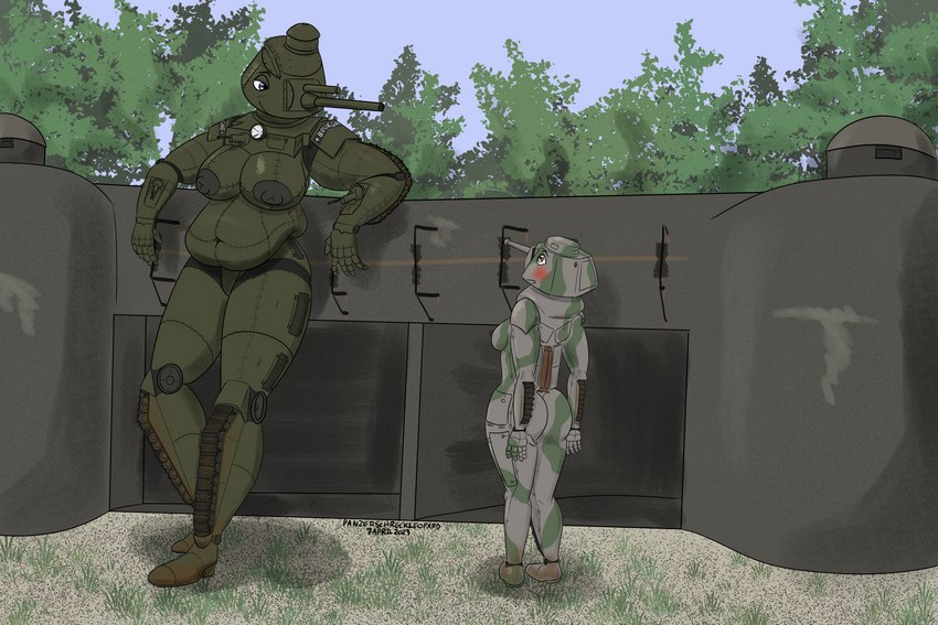 anthro belly big_belly big_breasts blue_eyes blush breasts brown_eyes bunker deep_navel duo female female/female france green_body grey_body machine navel nipples plant size_difference slightly_chubby slightly_chubby_female somua tank text tree vehicle world_war_1 world_war_2 panzerschreckleopard char_2c somua_s-35 living_machine living_tank living_vehicle 2023 3:2 absurd_res colored english_text hi_res