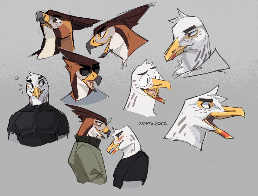 anthro beak clothed clothing duo eyebrows grey_background male open_mouth open_smile simple_background smile solo aevris ryker_(aevris) xantho_(aevris) accipitrid accipitriform aquilinae avian bird eagle gull lari larid ornate_hawk-eagle absurd_res hi_res multiple_images