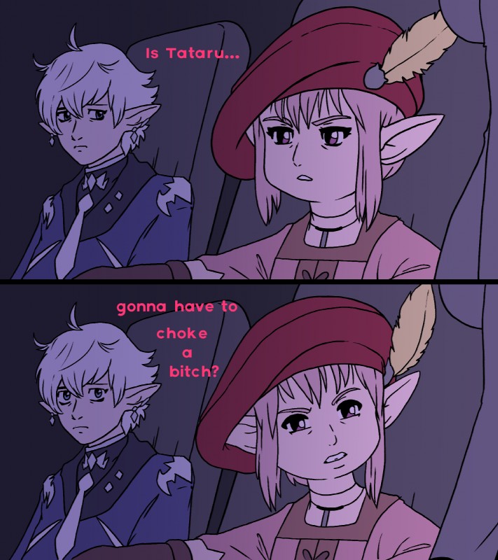 ambiguous_gender beret blue_eyes car clothed clothing dialogue duo ear_piercing hat headgear headwear humanoid_pointy_ears inside_car inside_vehicle looking_at_viewer not_furry piercing pink_eyes pointy_ears profanity text vehicle plagueofgripes final_fantasy final_fantasy_xiv final_fantasy_xiv:_a_realm_reborn final_fantasy_xiv_(legacy) square_enix alphinaud_leveilleur tataru_taru elezen humanoid lalafell 2019 comic english_text hi_res meme