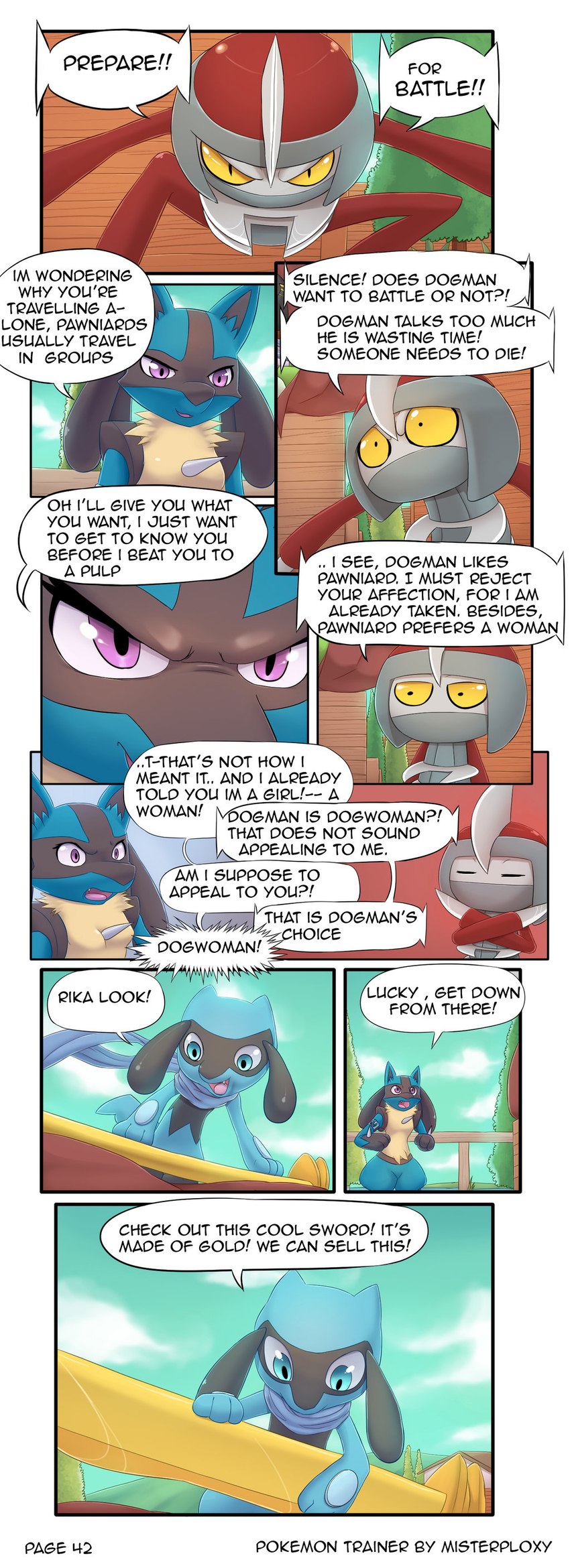 ambiguous_gender anthro blue_eyes breasts featureless_breasts female melee_weapon purple_eyes scarf sword text weapon yellow_sclera masterploxy nintendo pokemon pokemon_trainer_8 generation_4_pokemon generation_5_pokemon lucario pawniard pokemon_(species) riolu absurd_res comic english_text hi_res