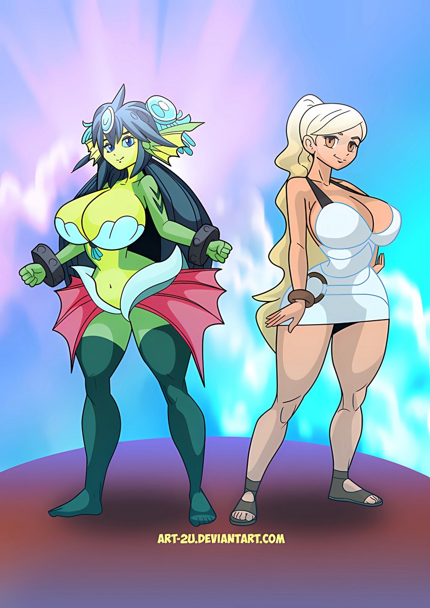 big_breasts breasts cleavage clothed clothing duo ear_fins female fin green_body green_skin hair hand_on_hip huge_breasts long_hair ponytail split_form text art-2u nintendo pokemon shantae_(series) wayforward beauty_(pokemon) giga_mermaid human humanoid mammal marine merfolk hi_res url