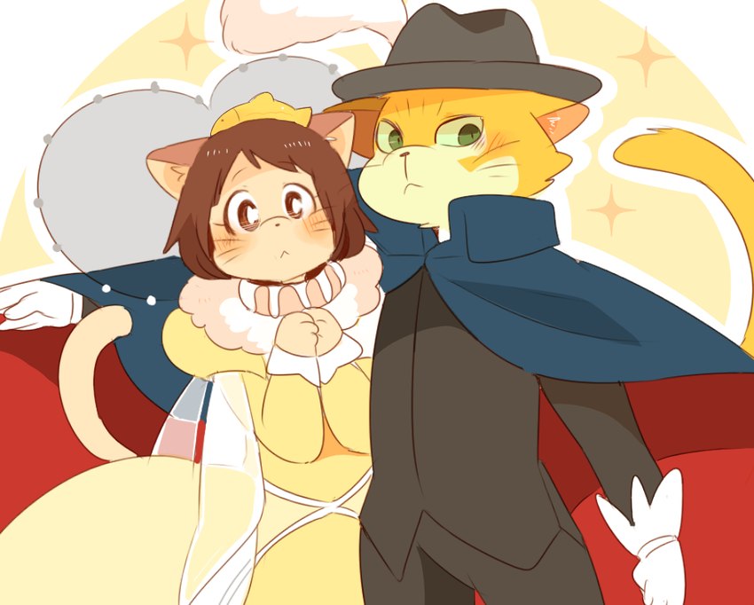 anthro blush brown_hair cape clothing dress duo female fur hair hat headgear headwear male yellow_body yellow_fur hyaku_(artist) ghibli the_cat_returns baron_humbert_von_gikkingen haru_yoshioka domestic_cat felid feline felis mammal 2016