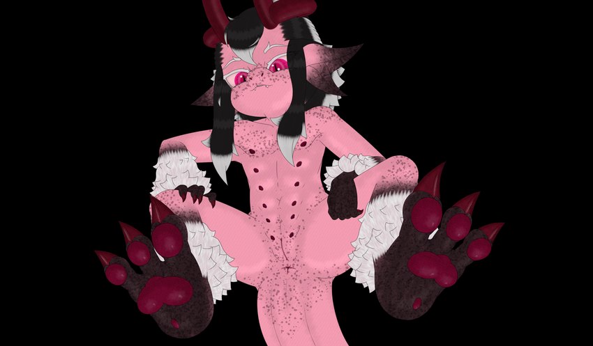 12_nipples 2_horns 3_toes 5_fingers ambiguous_gender animal_genitalia anthro anus arm_tuft black_hair butt claws cute_fangs darkened_arms darkened_ears darkened_legs darkened_limbs feet femboy fingers freckled_arms freckled_butt freckled_chest freckled_face freckled_legs freckled_shoulders freckles genital_slit genitals hair horn leg_tuft looking_at_viewer looking_down multi_ear multi_nipple multicolored_hair muscular nipples pink_body pink_eyes pink_scales red_claws red_flesh red_horn scales skinny split_horns squatting_position tail_anus toes tuft two_tone_hair white_hair young yashak_(artist) mythology ilka_(yashak) dragon mythological_creature mythological_scalie reptile scalie 2024 absurd_res alpha_channel hi_res adult_(lore) male_(lore)