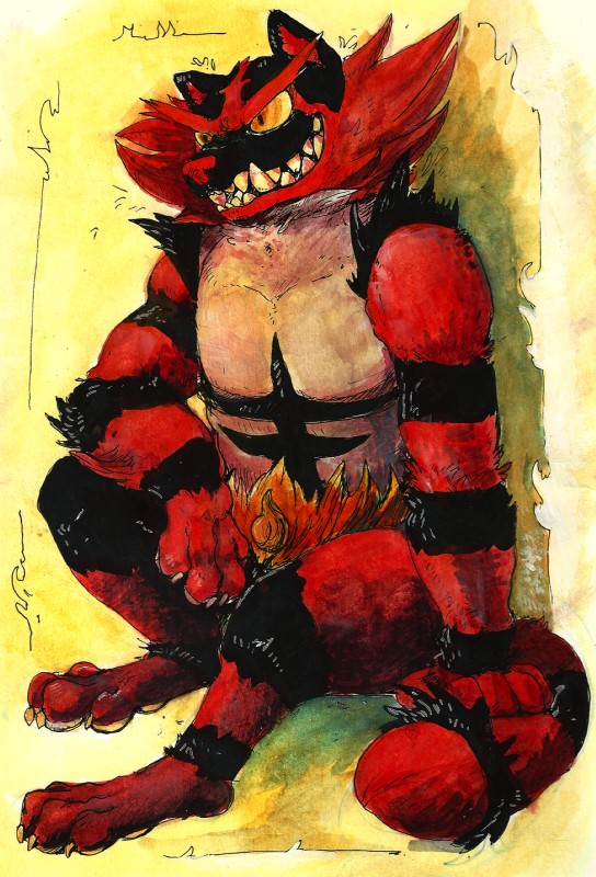 anthro cheek_tuft claws facial_tuft fangs male sitting smile solo teeth toe_claws tuft goat-soap nintendo pokemon felid generation_7_pokemon incineroar mammal pokemon_(species) 2016 colored hi_res traditional_media_(artwork)