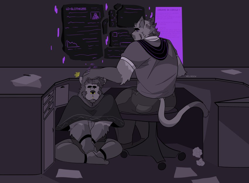 anthro black_nose chair clothed clothed_anthro clothed_male clothing duo facial_piercing furniture headpat male nose_piercing paper petting piercing shirt sitting table topwear melaisen canid canine domestic_cat felid feline felis mammal 2022 absurd_res digital_drawing_(artwork) digital_media_(artwork) hi_res