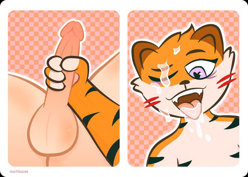 anthro balls black_stripes blush blush_lines bodily_fluids claws cum cum_on_cheek cum_on_eyelid cum_on_face cum_on_forehead cum_on_tongue duo femboy fur genital_fluids genitals handjob heart_eyes heart_symbol human_on_anthro interspecies male male/male orange_body orange_fur penile penis purple_eyes sex stripes tan_body tan_skin tongue tongue_out white_body white_fur ouchlucas felid human mammal pantherine tiger hi_res