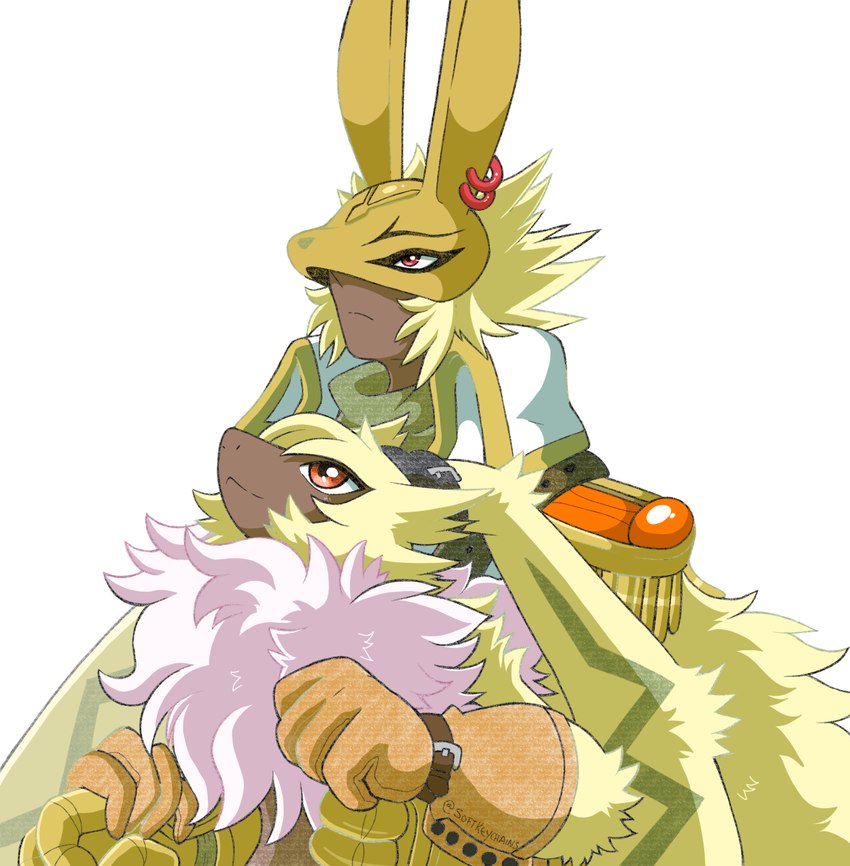 anthro armor blonde_hair duo evolutionary_family fur hair headgear helmet knight long_ears male ponytail_ears warrior yellow_body yellow_fur portugueselynx bandai_namco digimon digimon_ghost_game animal_humanoid diarbbitmon digimon_(species) humanoid lagomorph lagomorph_humanoid leporid leporid_humanoid mammal mammal_humanoid rabbit rabbit_humanoid symbareangoramon hi_res