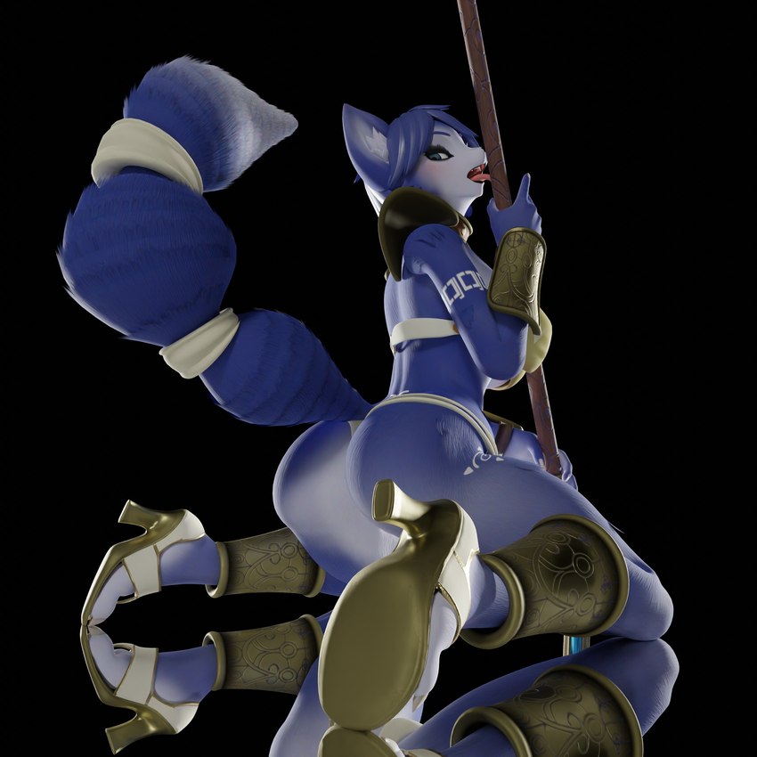 anthro blue_body blue_ears blue_fur blue_hair blue_tail breasts clothing curved_tail fangs feet female footwear fur hair high_heeled_sandals high_heels holding_object holding_weapon kneeling licking licking_object markings melee_weapon open_mouth plantigrade polearm pose reflection sandals shoes simple_background solo spear tail tail_markings teeth tongue tongue_out weapon white_body white_breasts white_fur white_tail fever-dreamer dogzeela_(modeler) nintendo star_fox star_fox_adventures krystal_(star_fox) canid canine fox mammal 1:1 3d_(artwork) absurd_res blender_(artwork) digital_media_(artwork) hi_res