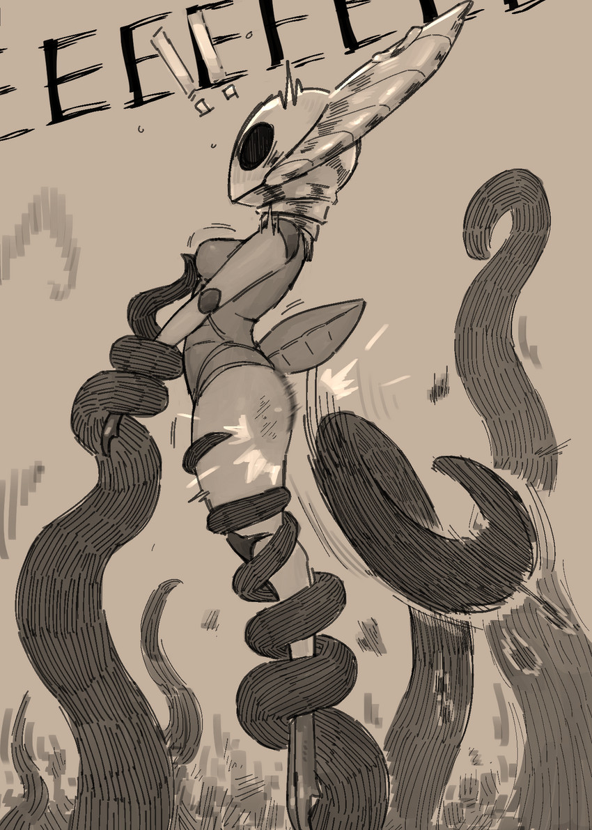 anthro arthropod_abdomen bound breasts butt butt_slap dialogue eee exclamation_point featureless_face female grey_background non-mammal_breasts simple_background slap solo spanking surprise tentacles text napalm_express hollow_knight team_cherry godseeker_(hollow_knight) shade_lord_(hollow_knight) void_(hollow_knight) arthropod insect 2020 digital_media_(artwork) english_text hi_res monochrome