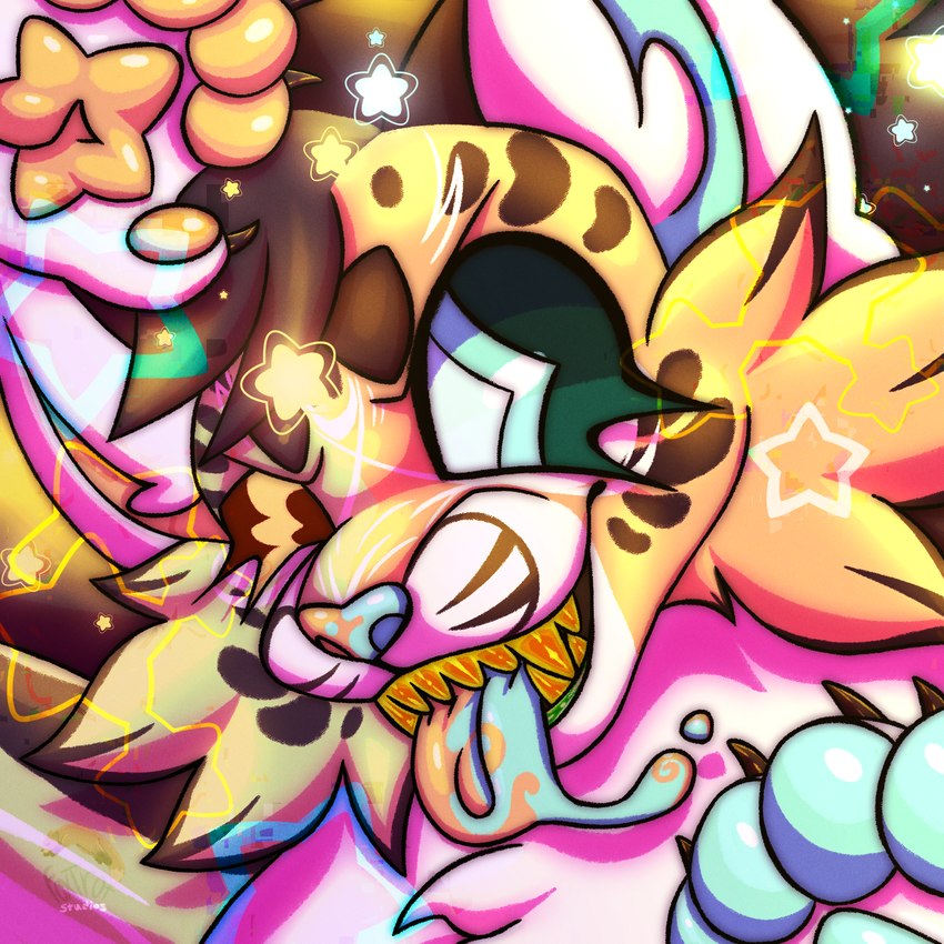 anthro bared_teeth bright_colors looking_away male markings multicolored_tongue neon one_eye_closed paws pupils raised_paw solo star star_(marking) star_pawpads starry_hair teeth tongue tongue_out two_tone_nose two_tone_tongue unusual_pupils wink yellow_teeth foxyvixen417 aztro_comet_(foxyvixen417) cheetah felid feline king_cheetah mammal hi_res